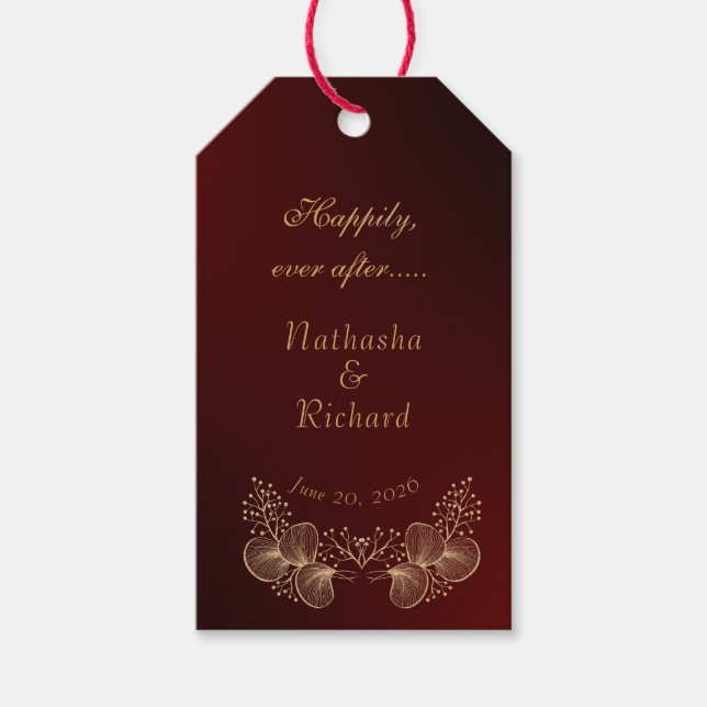 Burgundy & Gilded Floral Elegant Wedding Presentetikett (Framsidan)