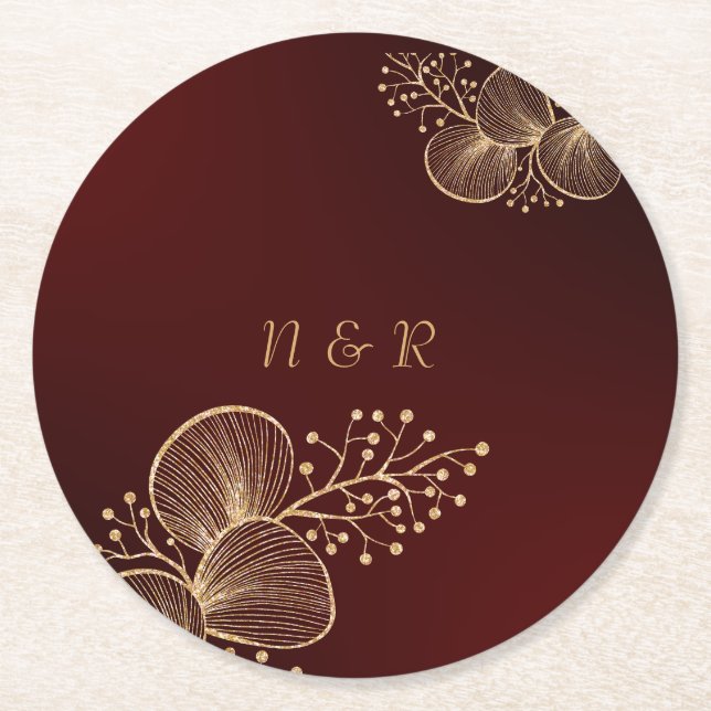 Burgundy & Gilded Floral Elegant Wedding Underlägg Papper Rund (Framsidan)
