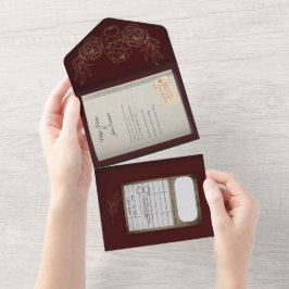 Burgundy Gilded Ro Bok bröllopsinbjudan