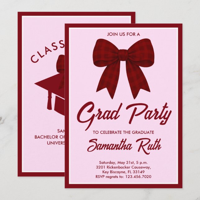 Burgundy Gingham Bow Graduation Party Inbjudningar (Fram/baksida)