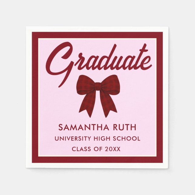 Burgundy Gingham Bow Graduation Party Pappersservett (Framsidan)