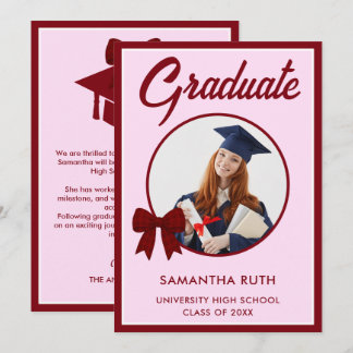 Burgundy Gingham Bow Photo Graduation Announcement Meddelande
