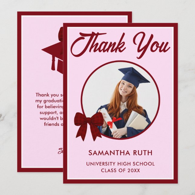 Burgundy Gingham Bow Photo Graduation Tack Kort (Fram/baksida)