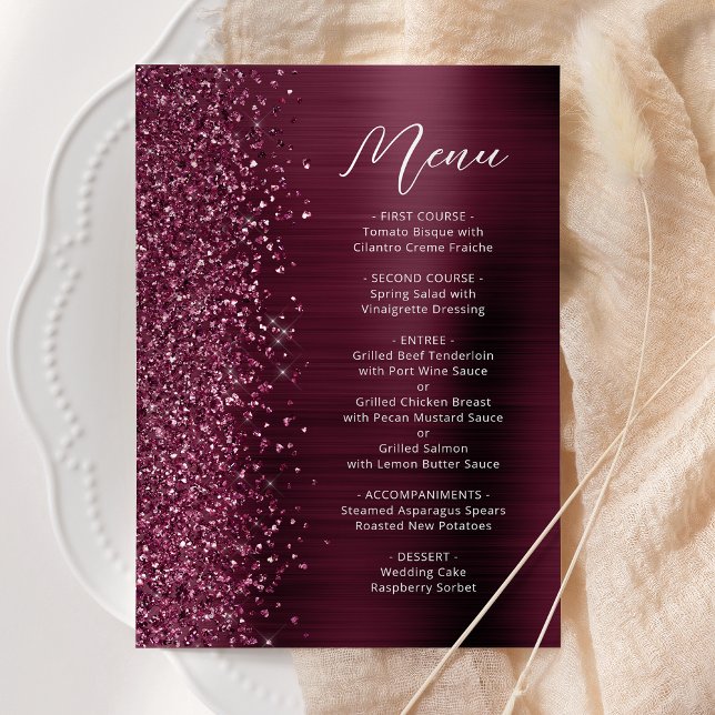 Burgundy Glam Glitter skript Bröllop Meny (Skapare uppladdad)