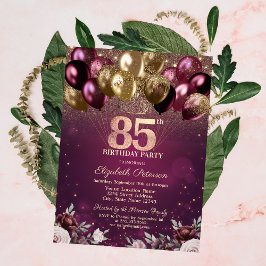 Burgundy Glitter-ballonger Blommor 85:e födelsedag Inbjudningar
