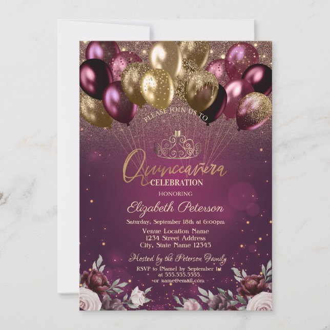 Burgundy Glitter Balloons Flowers Quinceañera Inbjudningar (Framsida)