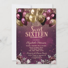 Burgundy Glitter Bubblor Flowers Sweet 16 Inbjudningar
