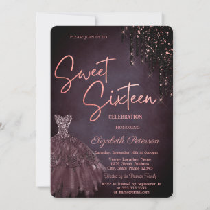 Burgundy Glitter Drips Chic Klänning Sweet 16  Inbjudningar