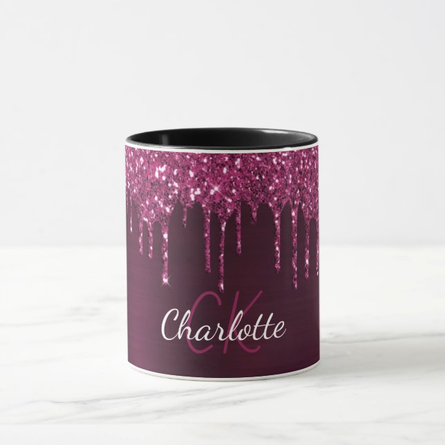 Burgundy glitter droppar monogram initialer mugg (Center)