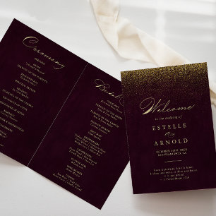 Burgundy Glitter-kalligrafi i Guld i Bröllop Program
