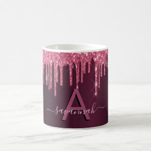 Burgundy glitter kör monogramskript kaffemugg