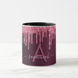 Burgundy glitter kör monogramskript mugg
