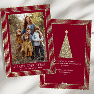 Burgundy Glitter Modern Julgran Photo Julkort