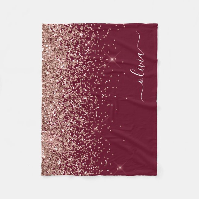 Burgundy  Glitter Monogram Rosa ros Guld Fleecefilt (Framsidan)
