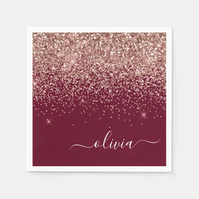 Burgundy  Glitter Monogram Rosa ros Guld Pappersservett (Framsidan)
