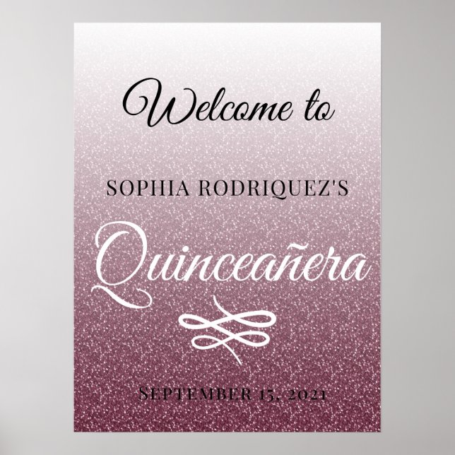 Burgundy Glitter Quinceañera 15:e födelsedag Välko Poster (Framsidan)