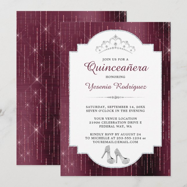 Burgundy Gnistra Diamond Tiara Quinceañera Inbjudningar (Fram/baksida)
