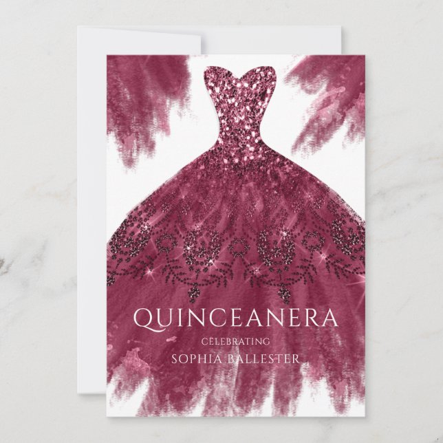 Burgundy Gnistra Dress Elegant Gown Quinceanera Inbjudningar (Framsida)