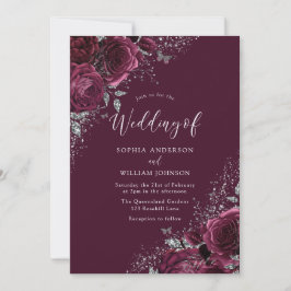 Burgundy Gnistra Flowers Silver Elegant bröllop Inbjudningar