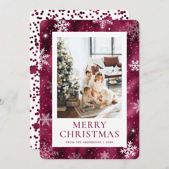 Burgundy God jul Snowflake Snö Photo Julkort (Fram/baksida)