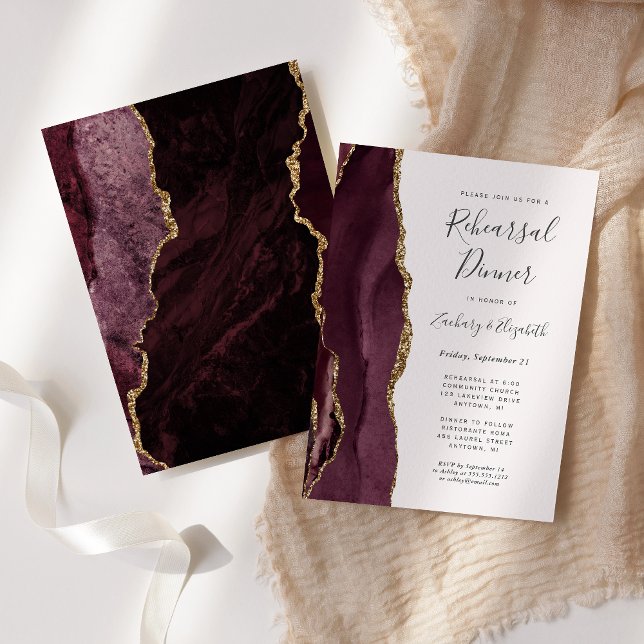 Burgundy Gold Agate Blush Bröllopsrepetition Midda Inbjudningar (Skapare uppladdad)