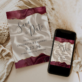 Burgundy Gold Agate Elfenbenssilke Save the Date Spara Datumet