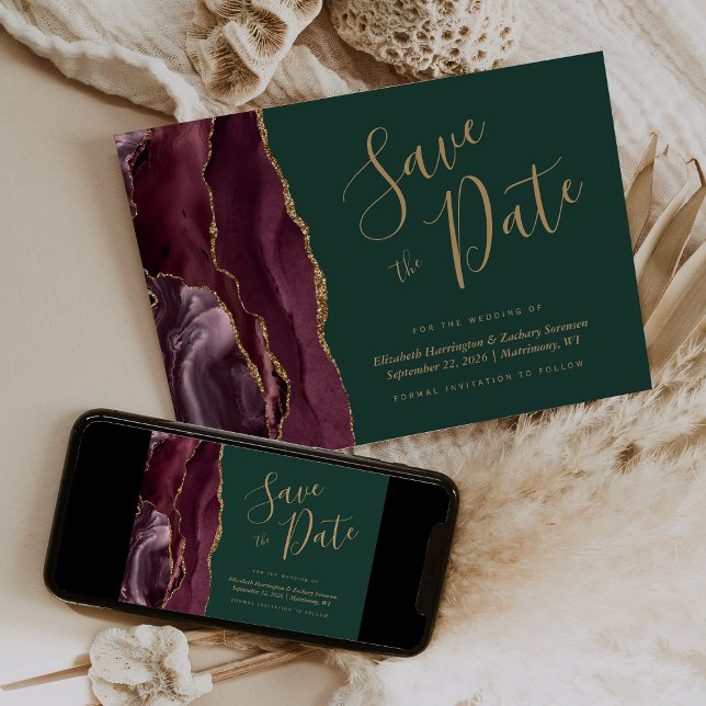 Burgundy Gold Agate Green Save the Date Card Inbjudningar (Skapare uppladdad)