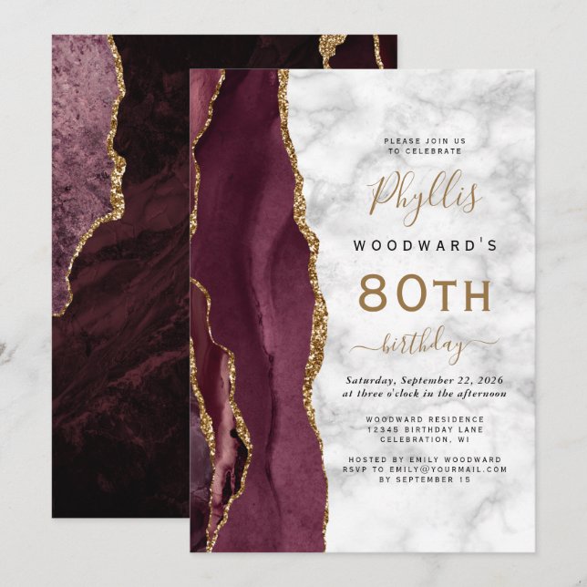 Burgundy Gold Agate Marble 80-årsfest Inbjudningar (Fram/baksida)
