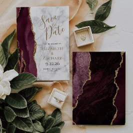 Burgundy Gold Agate Marble Spara datum-kort Inbjudningar