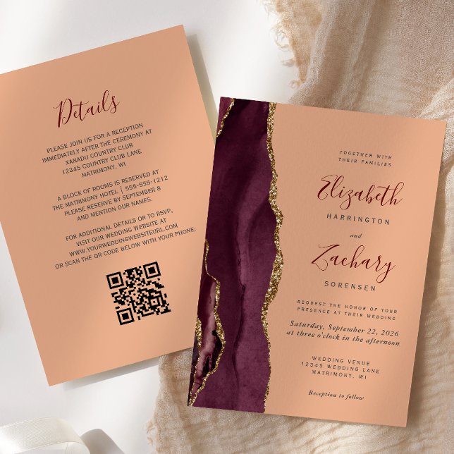 Burgundy Gold Agate Peach QR-kod Bröllop Inbjudningar (Skapare uppladdad)