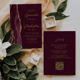 Burgundy Gold Agate QR-kod Bröllop Inbjudningar