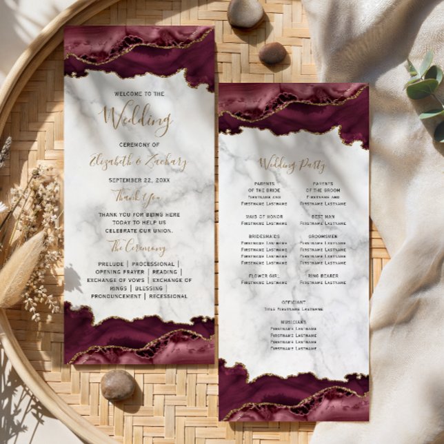 Burgundy Gold Agate Script Marmor Bröllop Program (Skapare uppladdad)