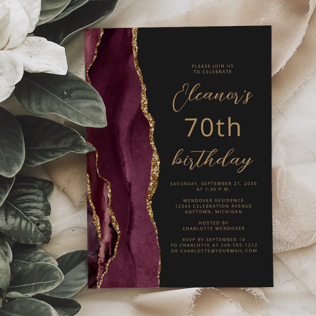 Burgundy Gold Agate Skiffer Skrift 70-årsdag Inbjudningar (Skapare uppladdad)
