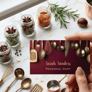 Burgundy & Gold Antika Köksredskap Personlig Kock  Visitkort