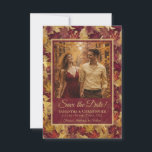 Burgundy & Gold Autumn Leaves & Photo Wedding Spara Datumet<br><div class="desc">These beautiful wedding save the date cards feature your photo on a rustic boho chic watercolor background with leaves and foliage in shades of burgundy and gold. The caption reads: Save the Date in elegant script lettering. There is space for your names, the wedding date & location below. Perfect for...</div>