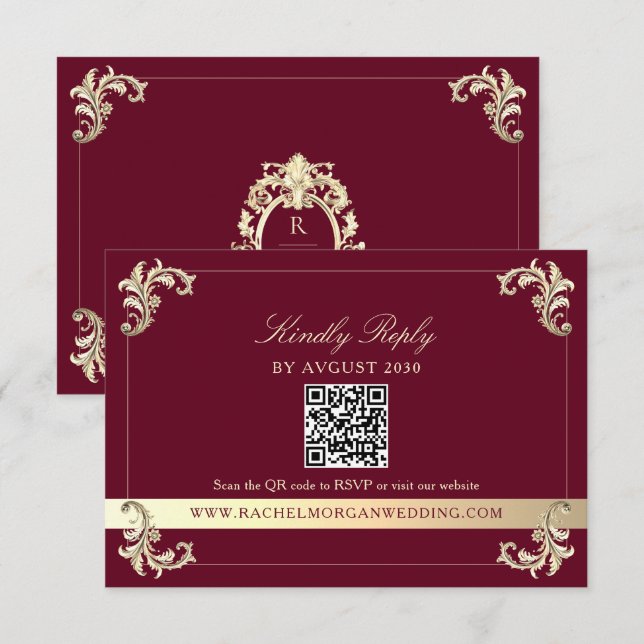 Burgundy Gold Baroque QR Code Wedding OSA Kort (Fram/baksida)