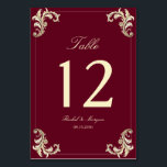 Burgundy Gold Baroque Wedding Bordsnummer<br><div class="desc">Add timeless elegance to your reception décor with this burgundy and gold baroque wedding table number. Featuring a rich burgundy background framed with ornate vintage gold baroque flourishes, this design creates a luxurious and refined look for your wedding reception tables. The large table number is displayed in elegant typography for...</div>