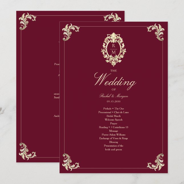 Burgundy Gold Baroque Wedding Ceremony Program (Fram/baksida)
