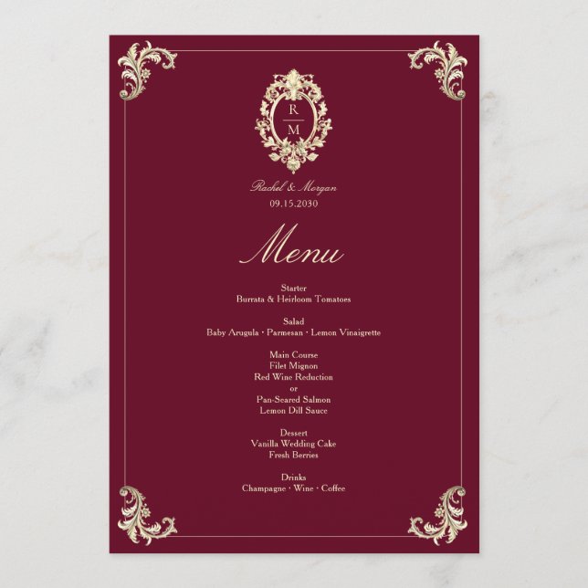 Burgundy Gold Baroque Wedding Reception Meny (Framsida)