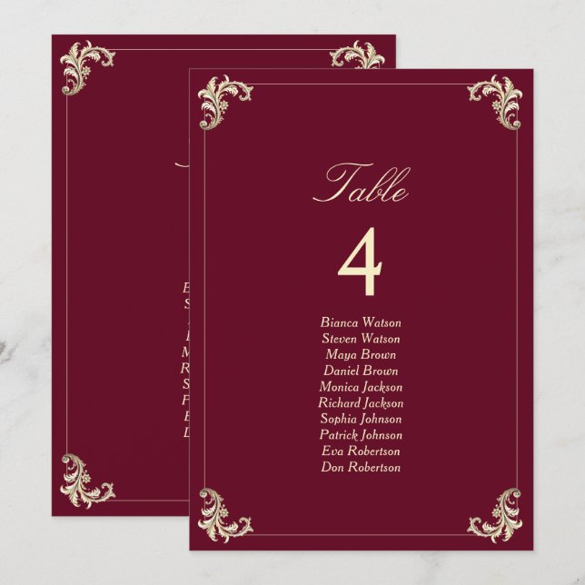 Burgundy Gold Baroque Wedding Seating Chart (Fram/baksida)