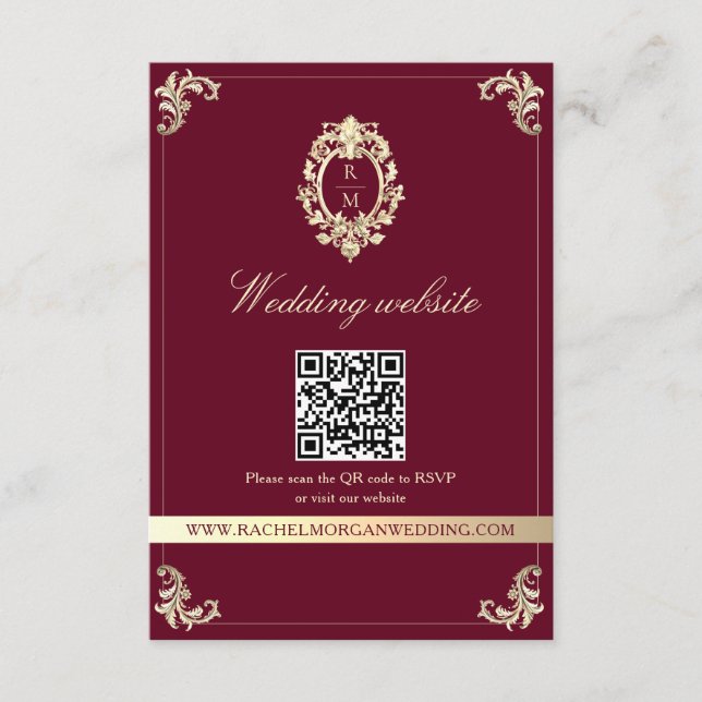 Burgundy Gold Baroque Wedding Website QR Card Tilläggskort (Framsida)
