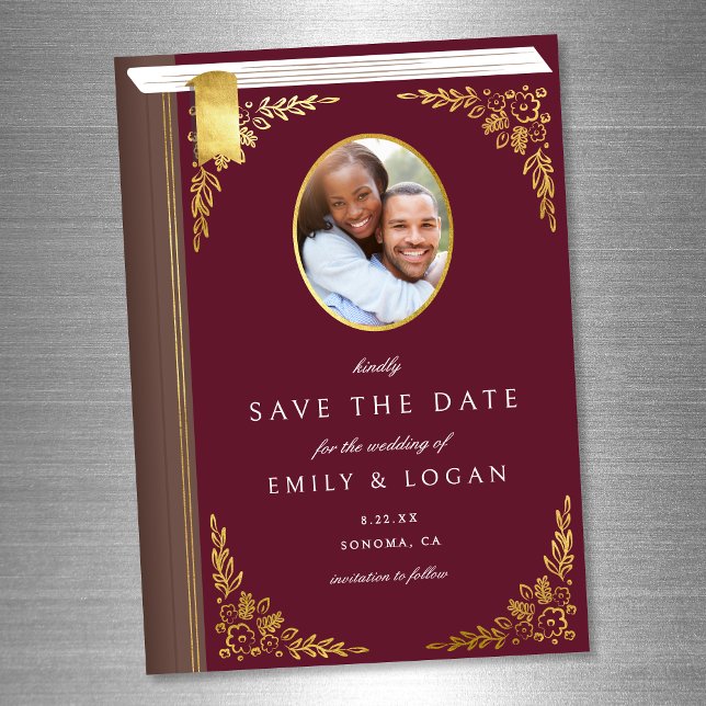 Burgundy Gold Book Wedding Save The Date Card Magnetisk Inbjudningskort (Skapare uppladdad)