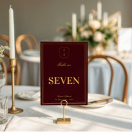 Burgundy Gold Crest Monogram Bröllops Bordnummer Inbjudningar