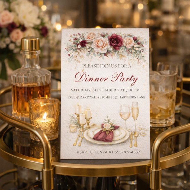 Burgundy Gold Dinner Party Invitation Inbjudningar (Burgundy and gold dinner setting with candlelight table and floral detail)