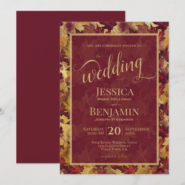 Burgundy & Gold Fall Leaves Stylish Script Wedding Inbjudningar (Fram/baksida)