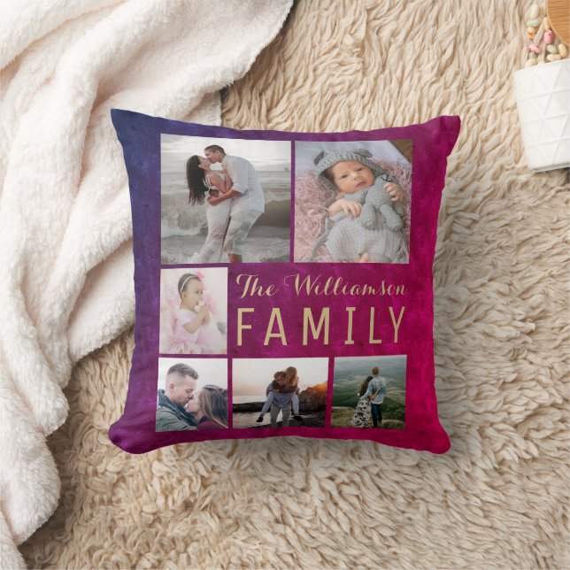 Burgundy Gold Family Photo Collage Throw Pillow Kudde (Filt)