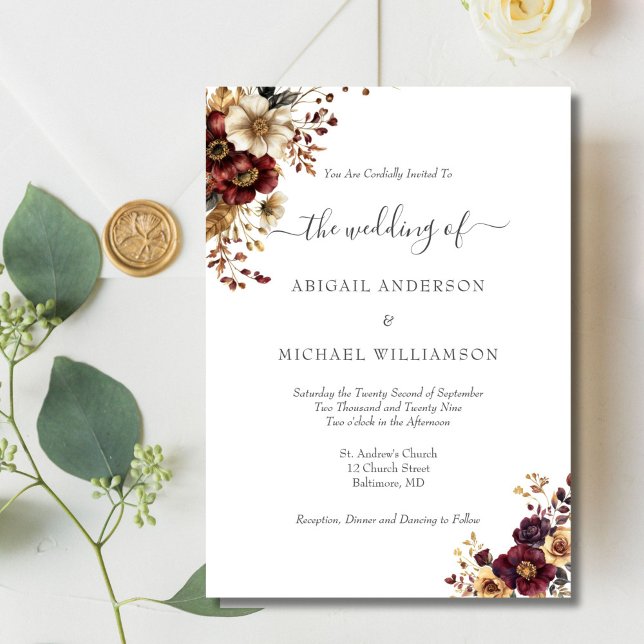 Burgundy Gold Floral Botanical Elegant Wedding Inbjudningar (Burgundy gold watercolor floral elegant wedding invitation. Printed or Digital download)