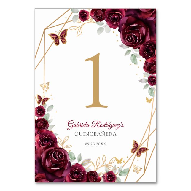 Burgundy Gold Floral Quinceanera Bordsnummer (Framsidan)