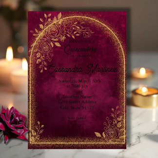 Burgundy & Gold Floral Quinceanera Invitation Inbjudningar