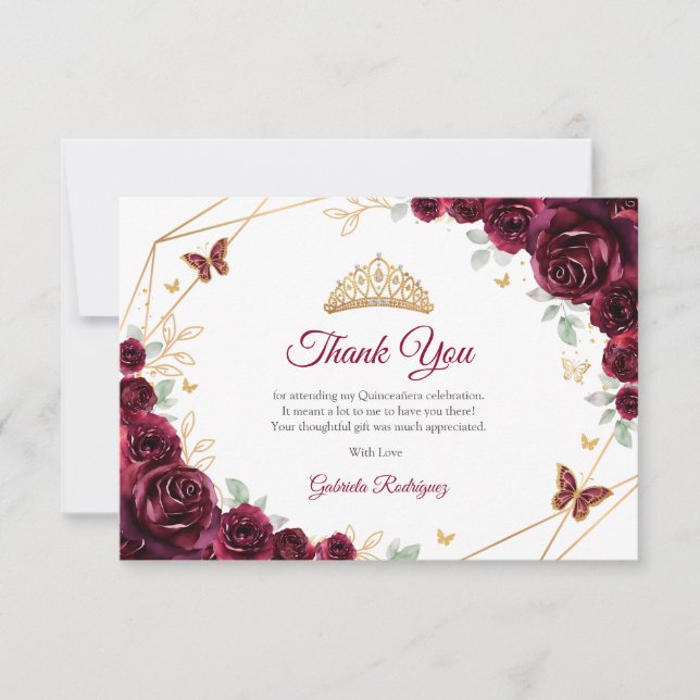 Burgundy Gold Floral Quinceanera Tack Kort (Framsida)